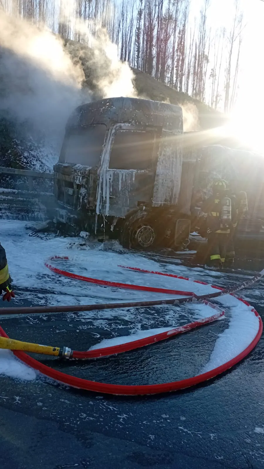 Camión con carga de fertilizante se incendió en la Ruta del Itata.